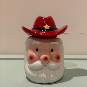 Cute Destination Holiday Ceramic Cowboy Santa Christmas Candle with Lid- NWT